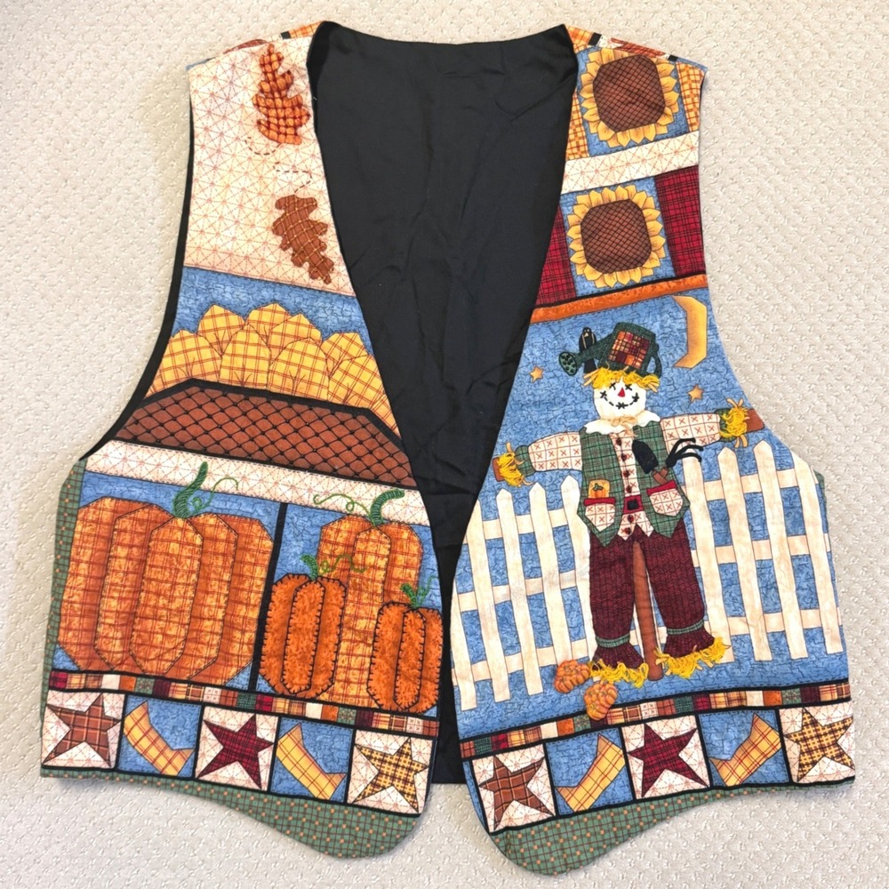Patchwork Fall Vest Vintage 90s Quilted Cottagecore Teacher Pumpkin Scarecrow